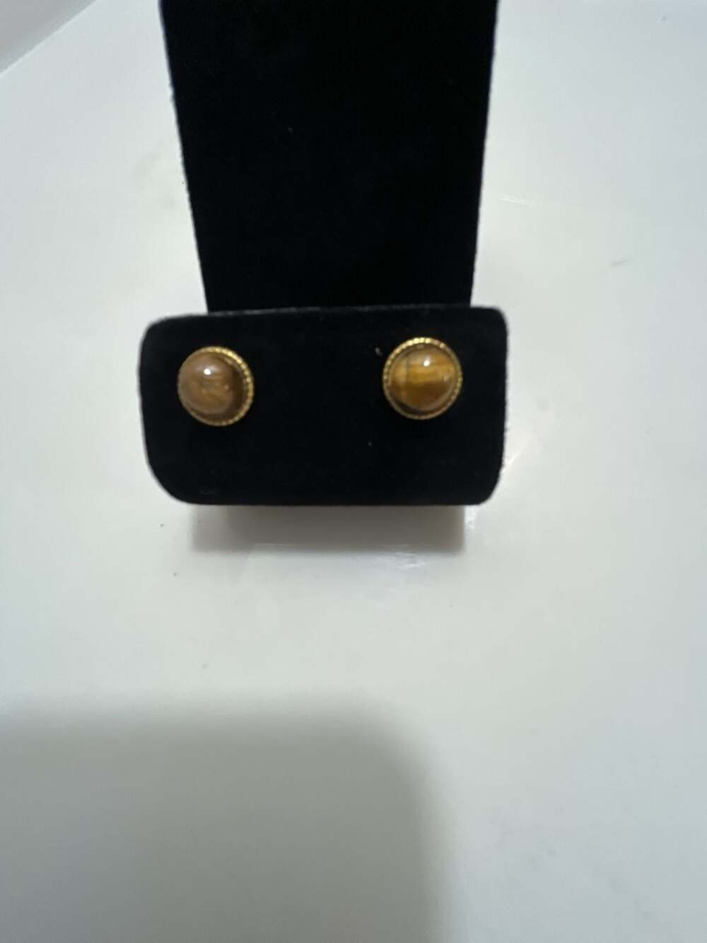 Vintage Round Tiger Eye Gold Tone Stud Earrings